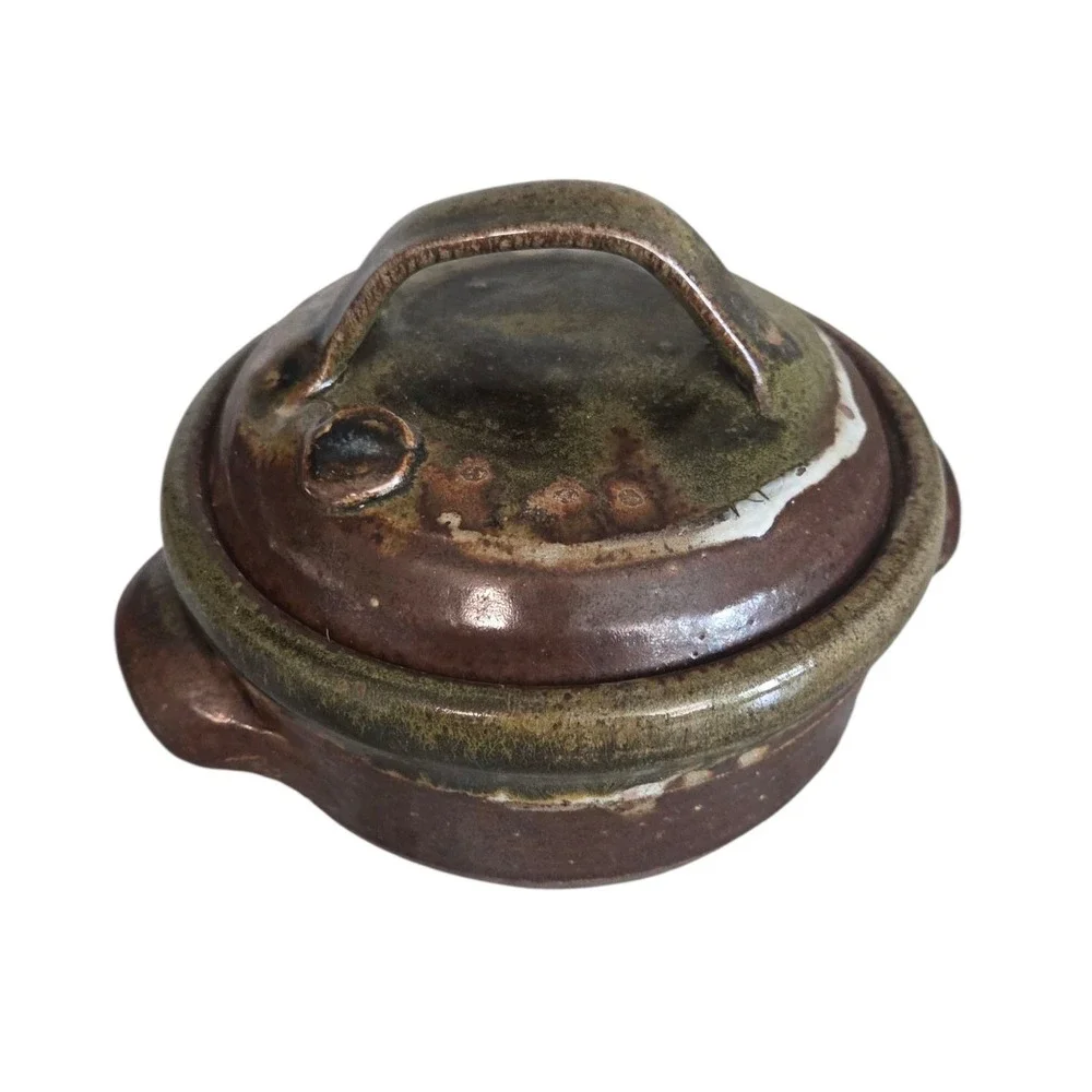 Vintage Small Glazed Stoneware‎ Art Pottery Bowl Covered Dish w/Lid Bizen Ware ?